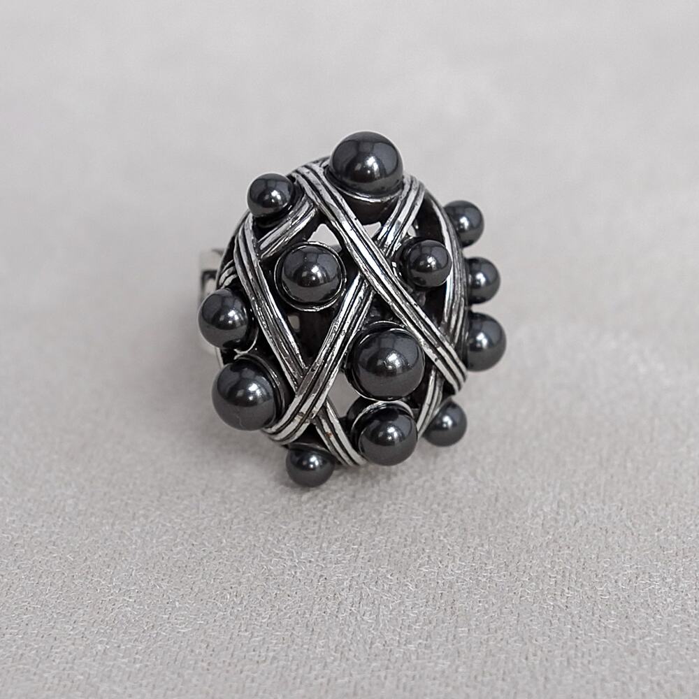 Vintage Brighton Domed Cluster Ring Gray Faux Pearls Silver Plated Size 7 Chunky